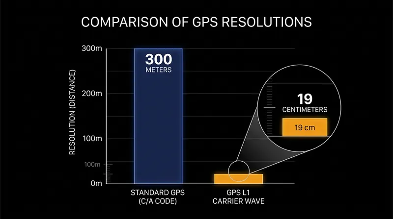 RTK systems track the 19-centimeter carrier wave rather than the 300-meter data code, massively increasing raw measurement resolution.