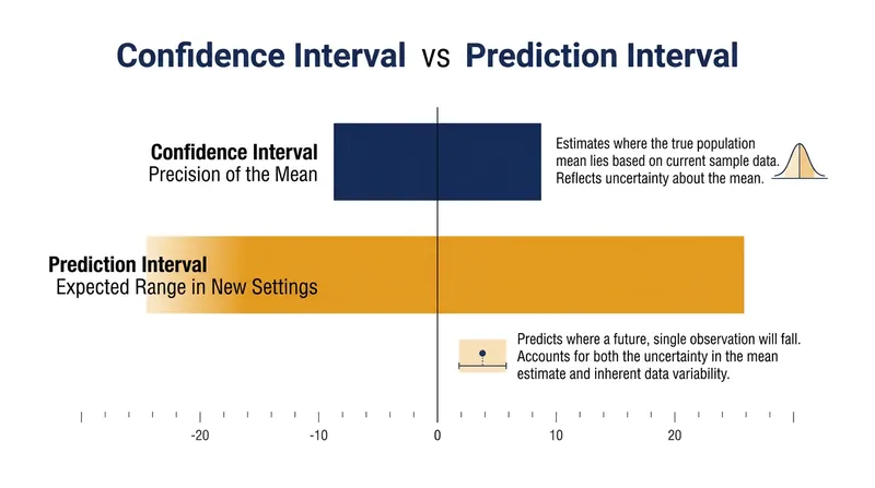 While a confidence interval bounds the average effect, a prediction interval bounds the actual clinical outcomes expected in new settings.