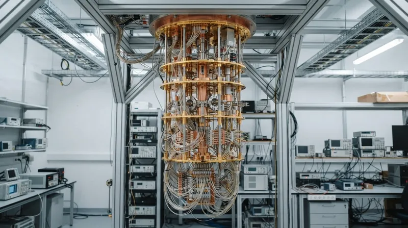 Close-up view of a gold and copper superconducting quantum processor chip inside a cryogenic cooling apparatus.