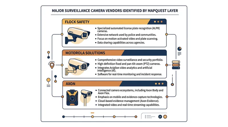 The MapQuest layer identifies hardware from 11 major surveillance vendors.