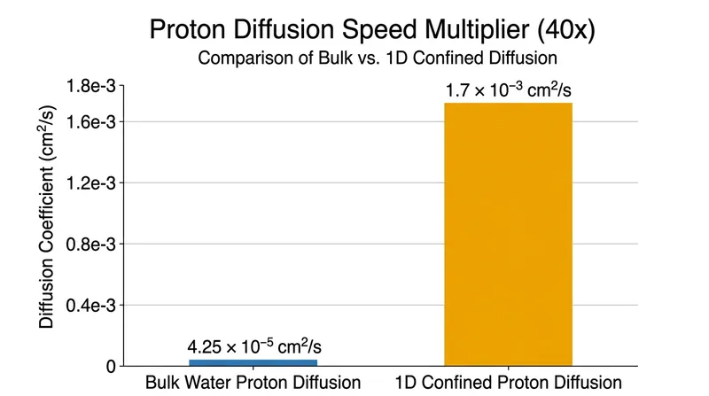 Confinement within a 0.8-nanometer channel increases proton mobility forty-fold compared to bulk water.