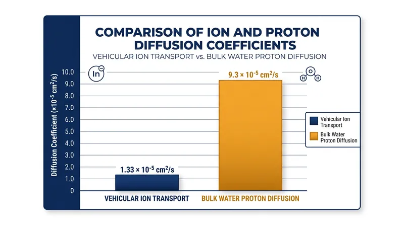Even in unconfined bulk water, protons outpace standard vehicular ion diffusion by a factor of five.