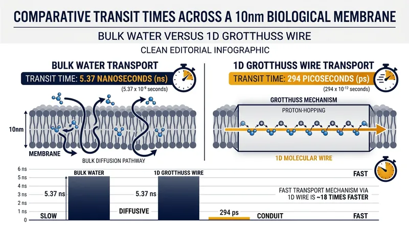 A single-file water wire allows a proton to cross a standard biological membrane in under 300 picoseconds.