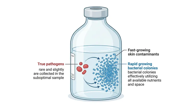 In an underfilled bottle, hardy skin contaminants can outcompete and overgrow the true pathogen, leading to a false-positive result.
