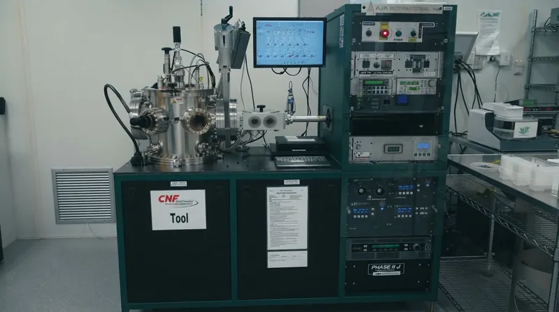 A glowing microscopic sample holder under a cryogenic probe station in a high-tech physics laboratory.