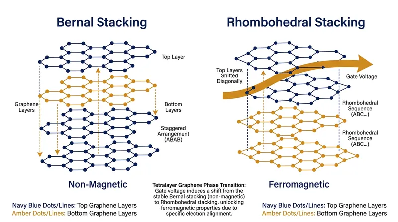 Applying a gate voltage overcomes weak van der Waals forces, sliding the carbon sheets from a Bernal to a rhombohedral alignment.