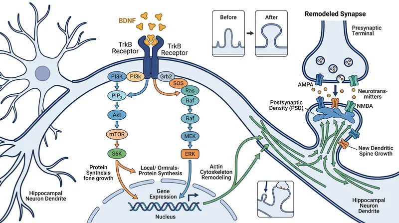 Once inside the hippocampus, BDNF binds to TrkB receptors, initiating the structural growth of new dendritic spines.