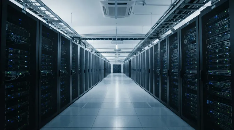 A brightly lit aisle inside a modern data center, showing rows of high-density server racks.