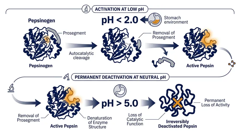 Pepsin requires a highly acidic environment to function and becomes permanently deactivated when the pH rises above 5.0.