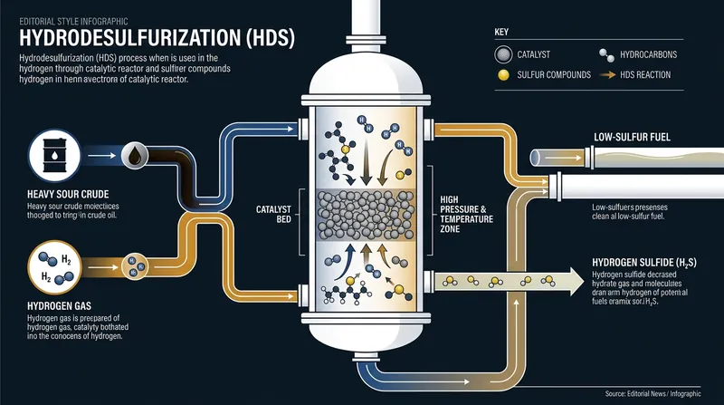 Hydrodesulfurization uses hydrogen gas under extreme pressure to bind with and extract sulfur molecules.