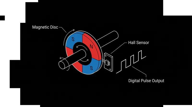 As the motor spins, alternating magnetic poles pass the sensor, generating electrical pulses that act as a digital odometer for the desk leg.