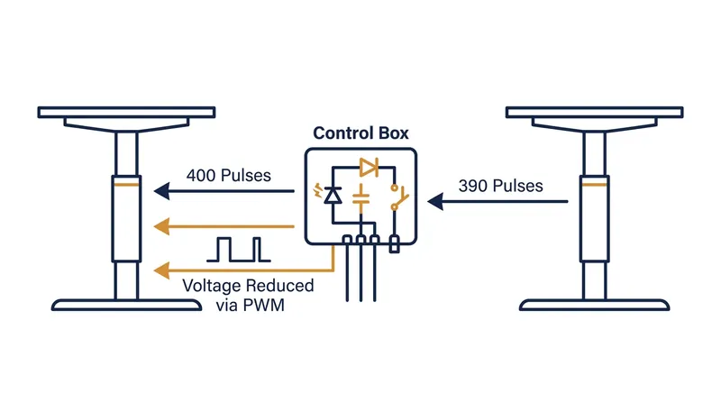 The central control box constantly compares the pulse counts from both legs, rapidly reducing voltage to the faster motor so the slower one can catch up.