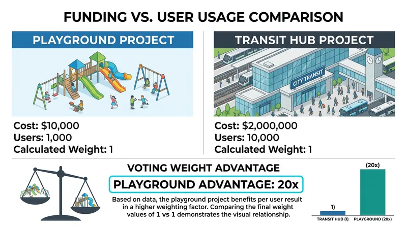 A single vote for a highly efficient local project can be mathematically worth twenty times more than a vote for an expensive mega-project.