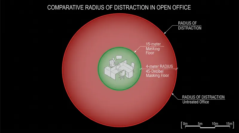 A 45-decibel masking floor shrinks the radius of cognitive distraction from 15 meters down to just four meters.