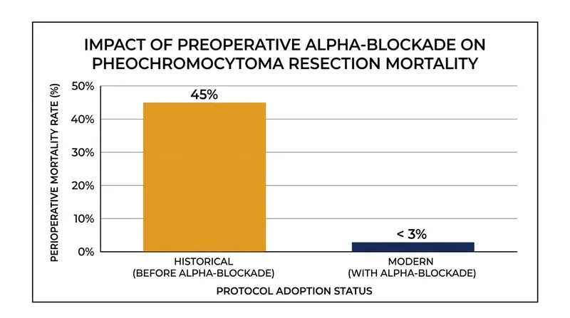 The strict adherence to preoperative alpha-blockade has reduced perioperative mortality from 45 percent to under 3 percent.