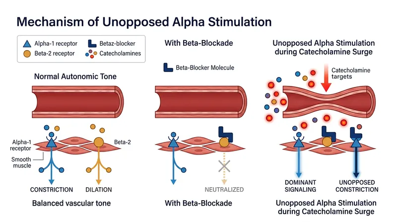 Beta-blocker monotherapy eliminates the body's compensatory vasodilation, leaving alpha-mediated vasoconstriction entirely unopposed.