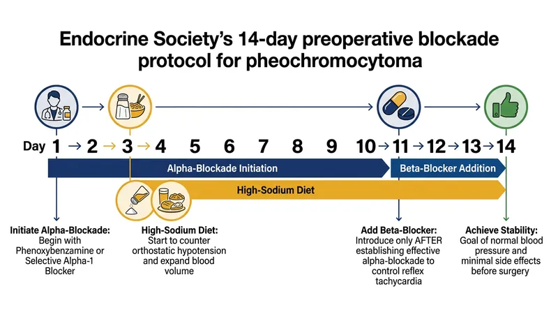 The Endocrine Society mandates a strict 7-to-14-day pharmacological sequencing protocol prior to surgical resection.