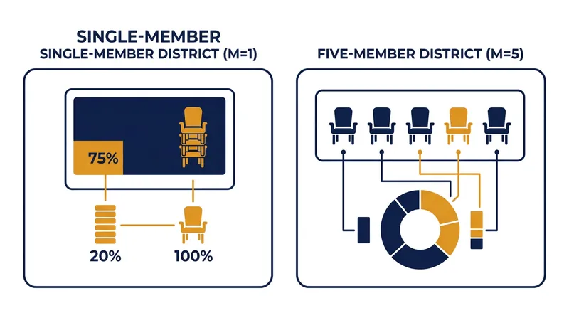 Multi-member districts mathematically prevent a minority voting bloc from capturing all local representation.