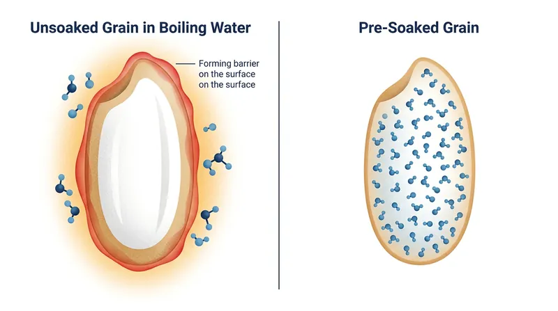 Boiling unsoaked rice creates a surface gel that blocks water from reaching the core.