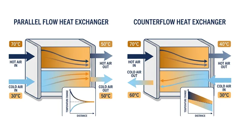 Parallel flow equalizes at the midpoint, while counterflow maintains a driving temperature gradient across the entire core.