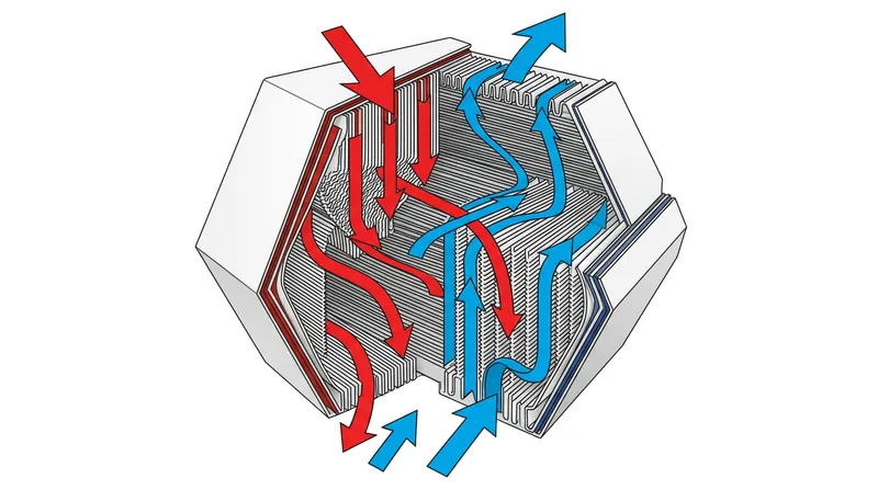 Hundreds of alternating channels maximize the surface area for heat transfer while keeping the airstreams physically isolated.
