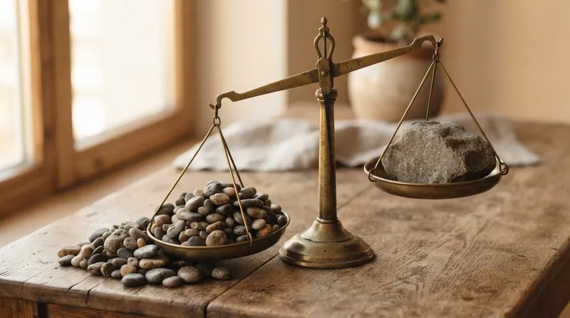 An abstract illustration showing many small coins mathematically outweighing a single large coin on a balanced scale.