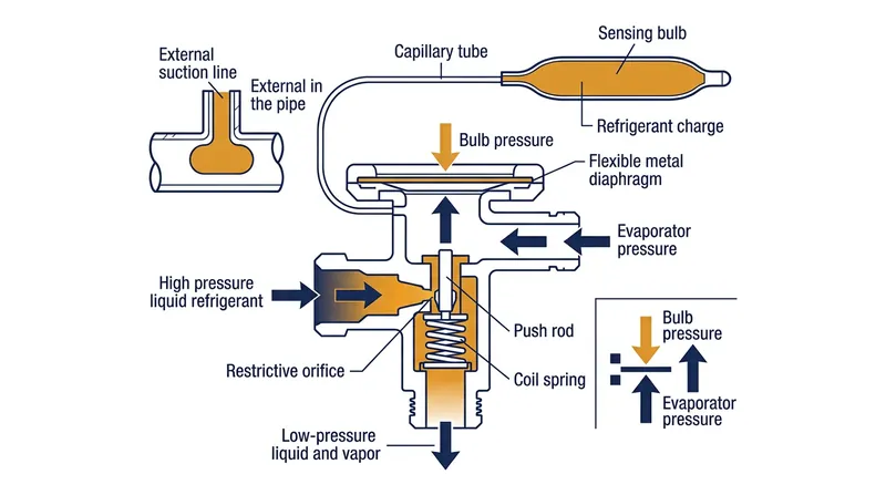 A TXV balances evaporator pressure and spring tension against the pressure from a sensing bulb to regulate refrigerant flow.