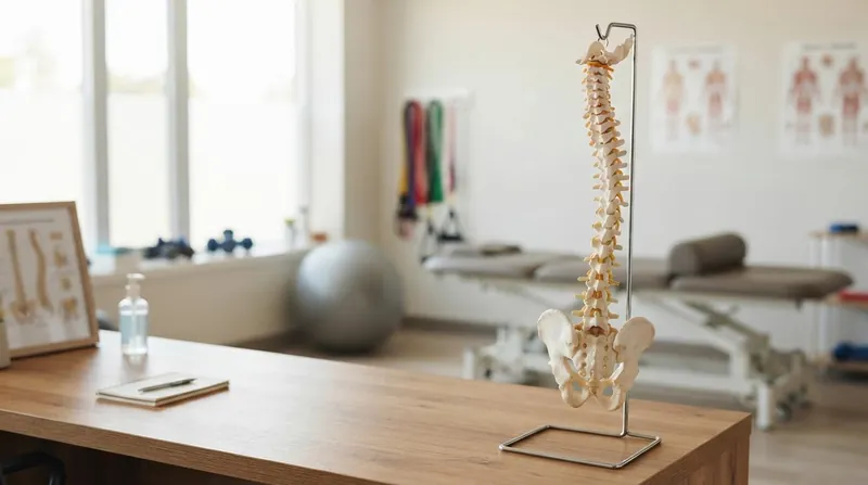 A physical therapist guiding a patient through a lower back stretch on a clinical treatment table.