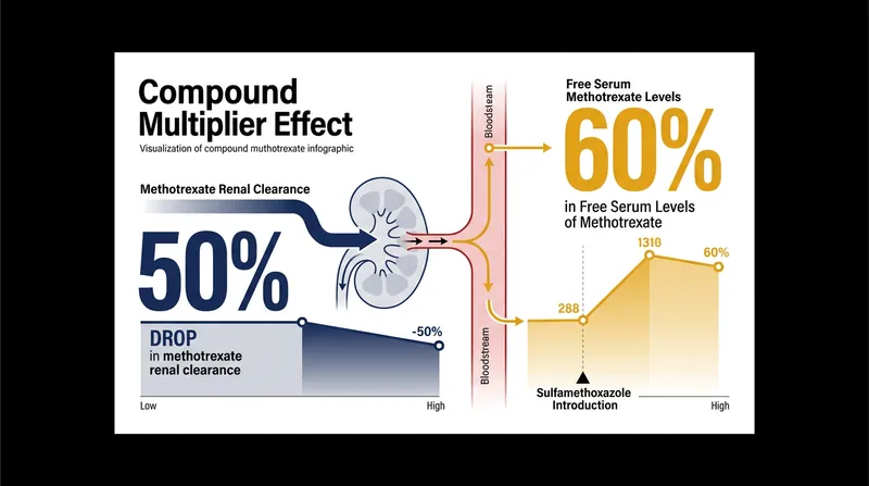 Sulfamethoxazole traps methotrexate in the bloodstream, spiking free serum levels by up to 60 percent.