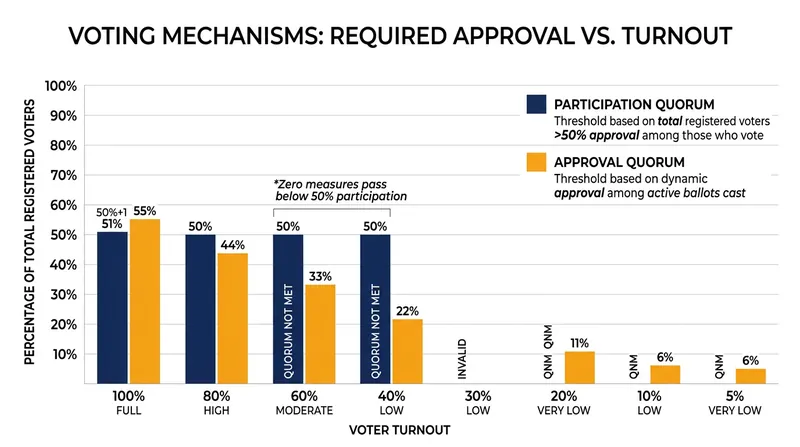 Approval quorums scale the threshold to the active voters, eliminating the incentive to boycott.