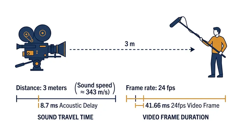 Because sound travels slower than light, the acoustic clap reaches the microphone milliseconds after the camera captures the visual impact.