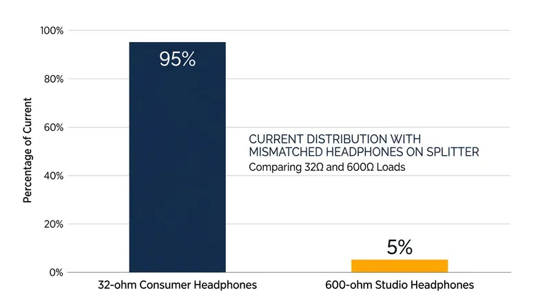 When mismatched headphones share a passive splitter, the lower-impedance model hogs nearly all the available current.