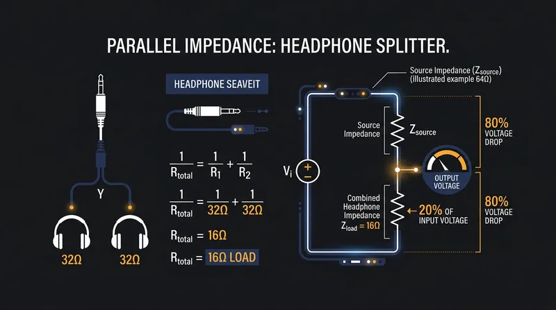Two 32-ohm headphones wired in parallel halve the total load to 16 ohms, triggering a severe voltage drop.