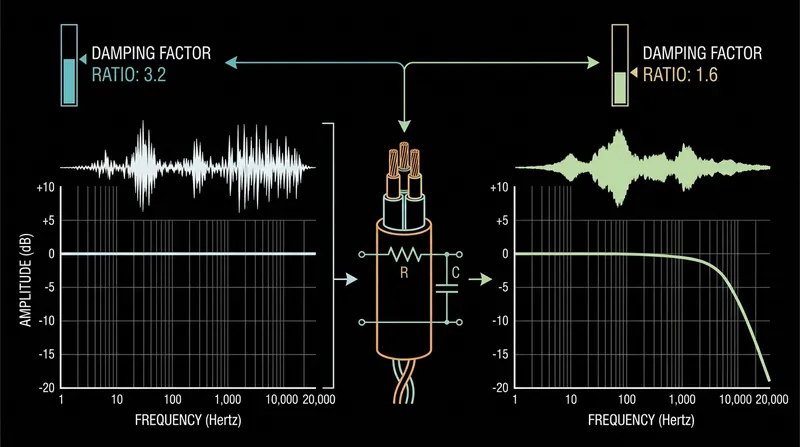 Cable capacitance and high output impedance form a low-pass filter that muffles treble frequencies.