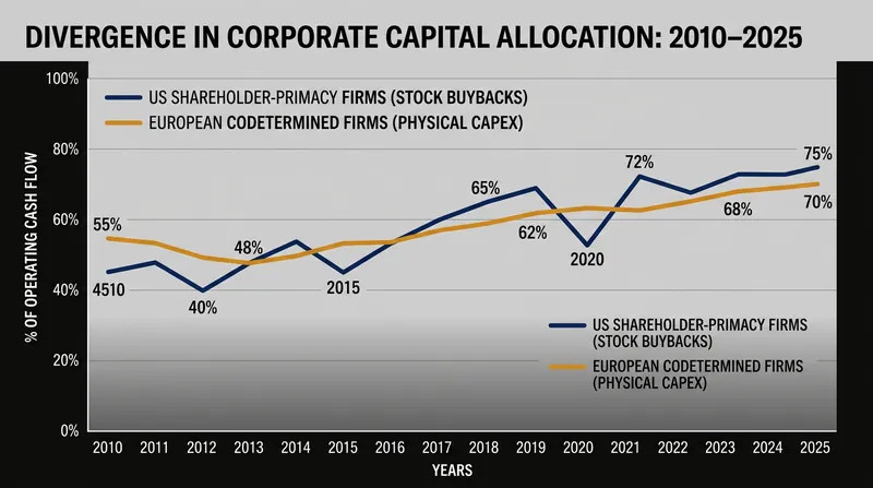 Shareholder primacy models increasingly favor stock buybacks over long-term physical capital expenditure.