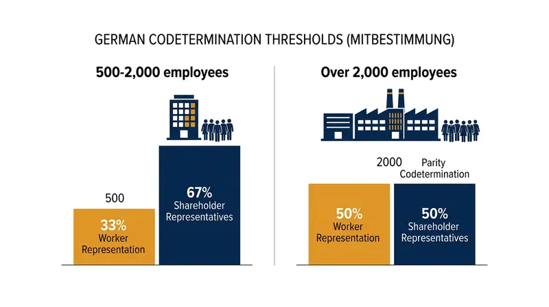 Germany's 1976 Codetermination Act scales labor representation based on the total number of employees.