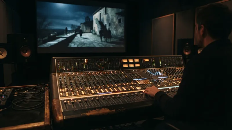 A large audio mixing console with glowing faders in a professional cinematic dubbing stage.