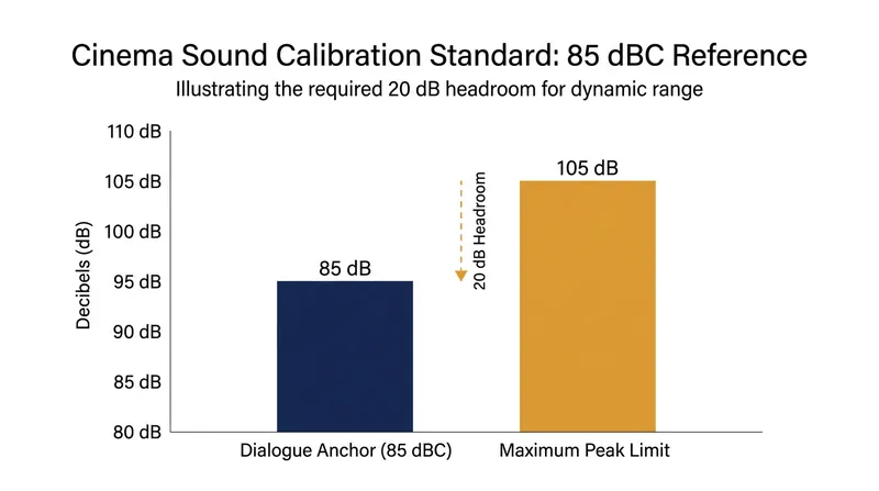 The 20-decibel gap between the dialogue anchor and the absolute peak limit provides the headroom for explosive sound effects.