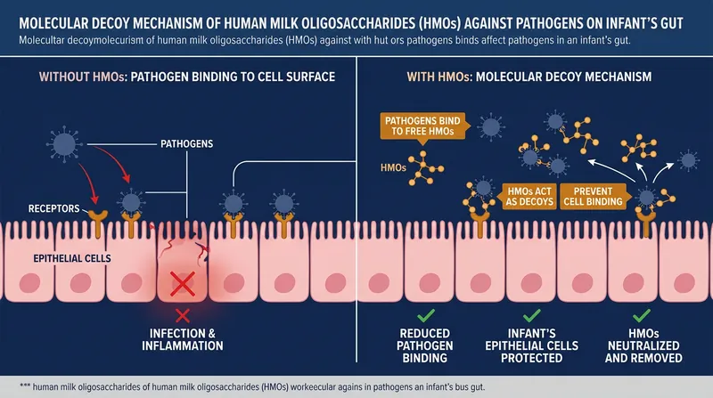HMOs structurally mimic intestinal receptors, tricking pathogens into binding to the sugars rather than the infant's tissue.
