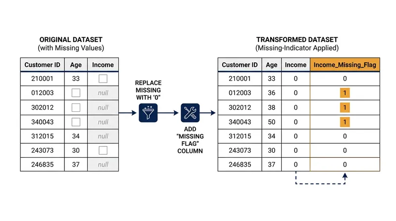 The missing-indicator method plugs empty cells with a constant and adds a binary flag to preserve the row.
