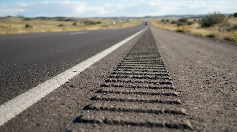 A close-up view of deep grooves milled into the asphalt of a highway shoulder at sunset.