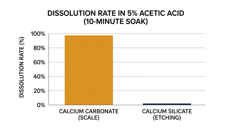 Weak household acids easily dissolve hard water scale but have no effect on calcium silicate etching.