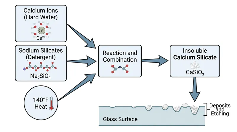 Hard water minerals bind with detergent silicates to form insoluble compounds that bake into the glass.