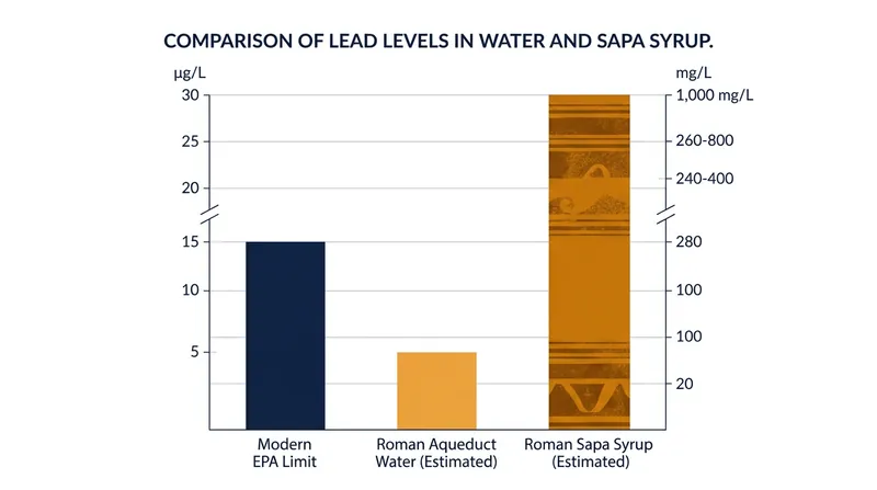 Modern recreations of ancient Roman sapa recipes reveal staggering levels of lead toxicity compared to modern safety standards.
