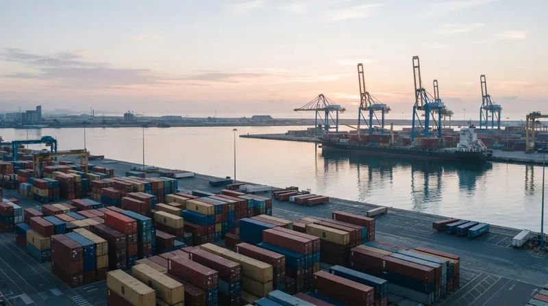 A busy shipping port at dawn with towering cranes and cargo containers, viewed from inside a cafe.