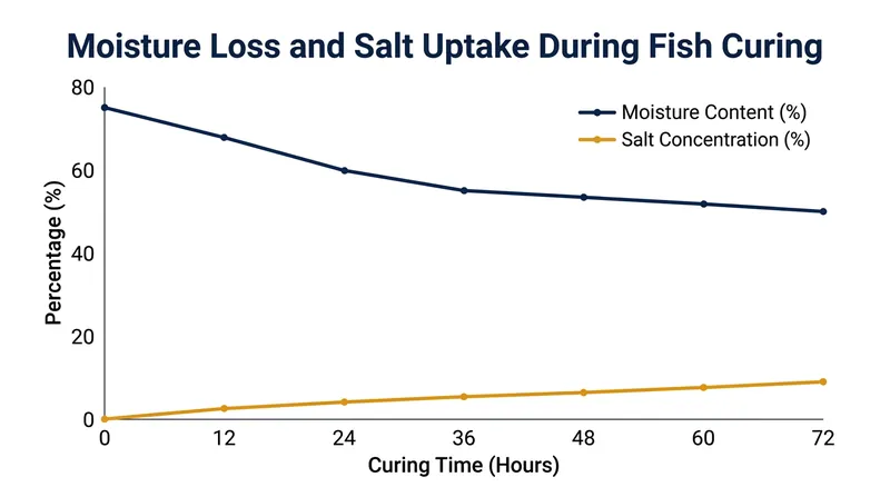 Moisture content drops rapidly as salt penetrates the tissue during an extended cure.