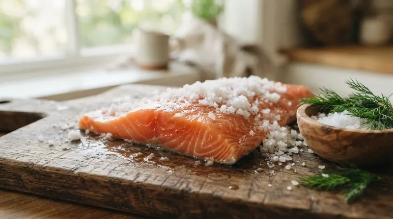 A close-up view of a thick salmon fillet covered in coarse sea salt and dill on a wooden board.
