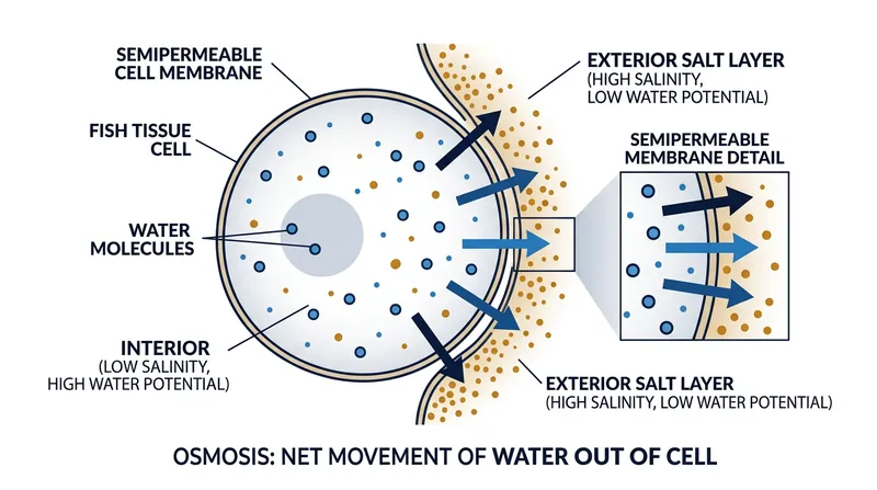 Osmosis forces water out of the fish's cells to balance the high salt concentration on the surface.