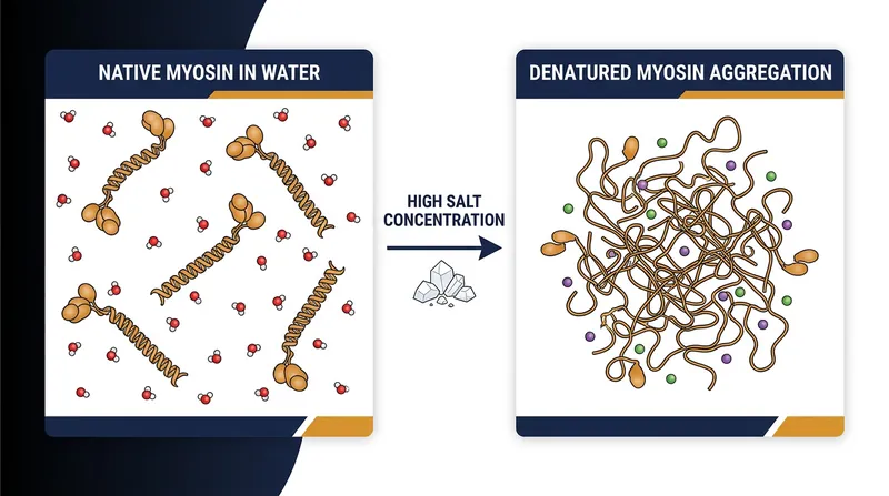 High salinity strips water away from myosin proteins, causing them to unfold and bond together into a rigid lattice.