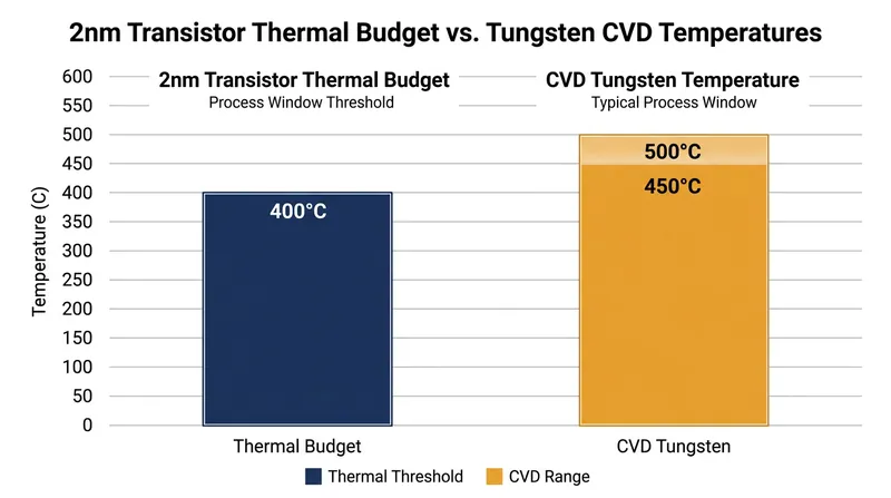 The heat required to deposit tungsten metal exceeds the temperature at which transistor dopants begin to migrate.